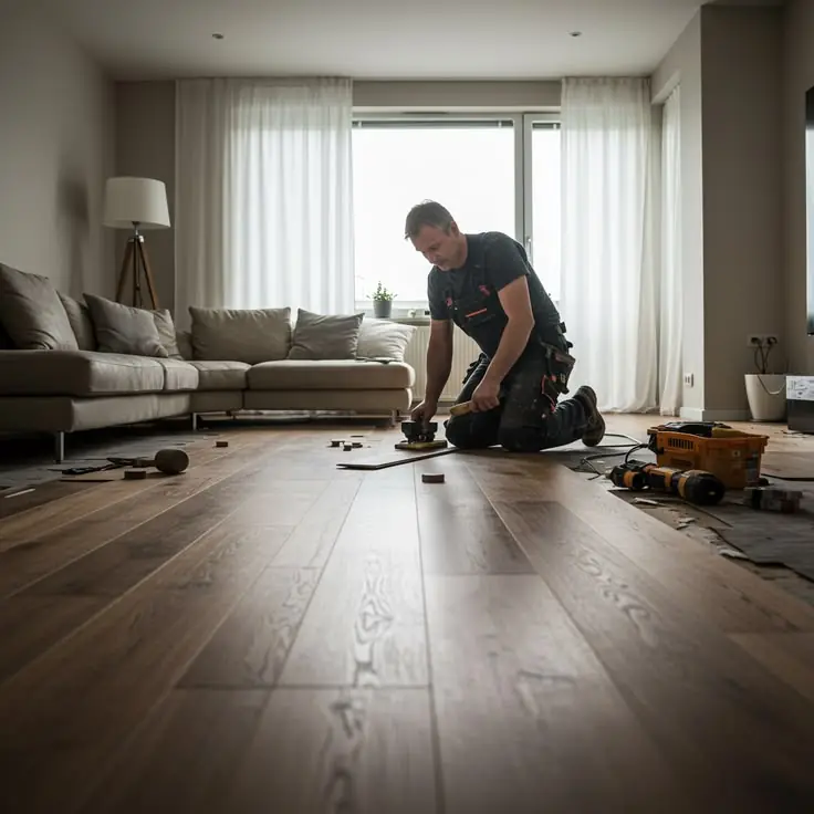 Instalador arrodillado colocando un piso de madera en un living